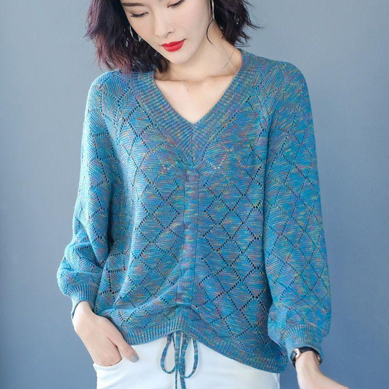 

Весенне-осенние женские топы на кулиске, новые базовые рубашки, тонкие свободные корейские свитера больших размеров, V-образный вырез XXXXL