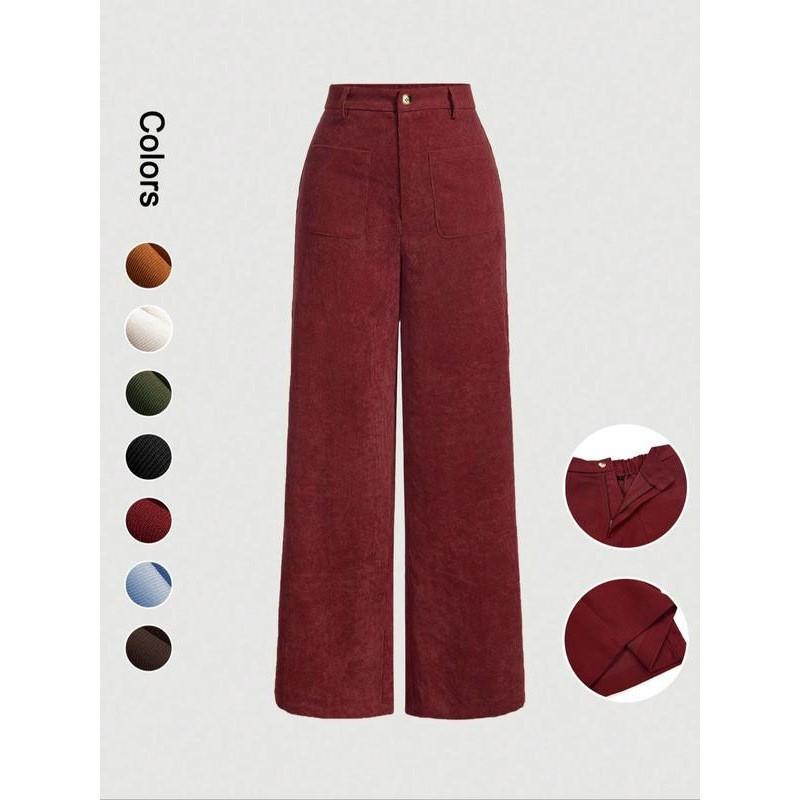 Women Corduroy High Waist Wide Leg Pants Solid Color Front Pocket Casual Loose Fit Trousers