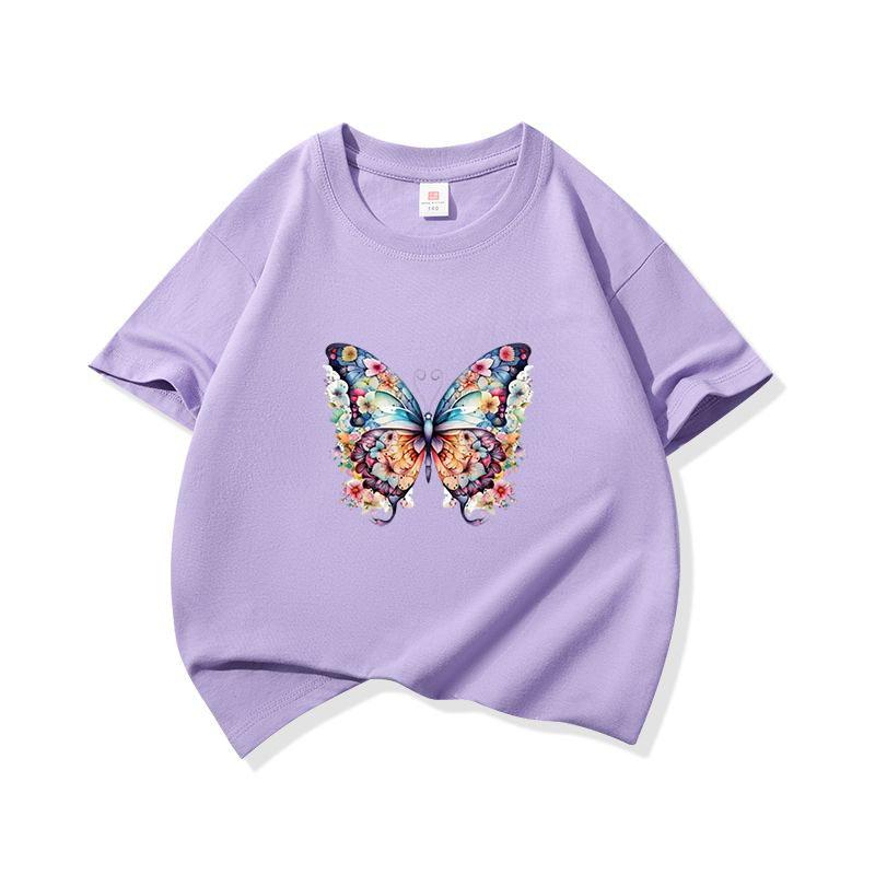 Kids Cotton T Shirt Colorful Floral Pattern Butterfly Print Crew Neck Short Sleeve Tee Casual Boys Girls Summer Tops