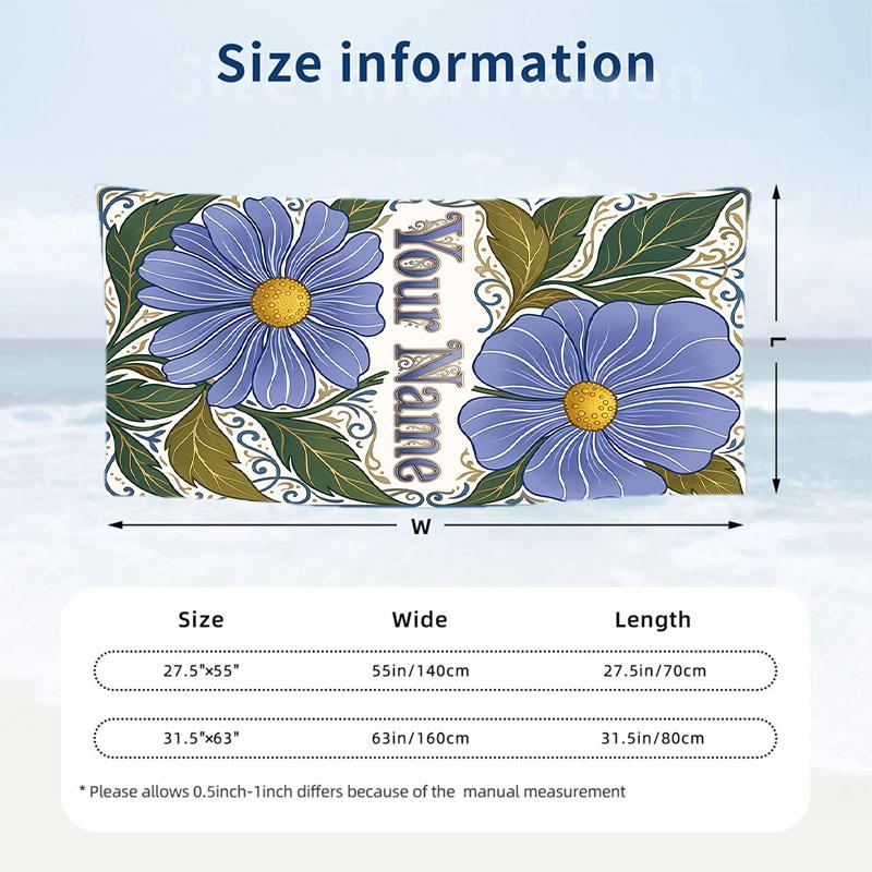 Blue Flowers Art Theme Quick Dry Beach Towel Custom Name Text Print Large Sand Resistant Towel Beach Vacation