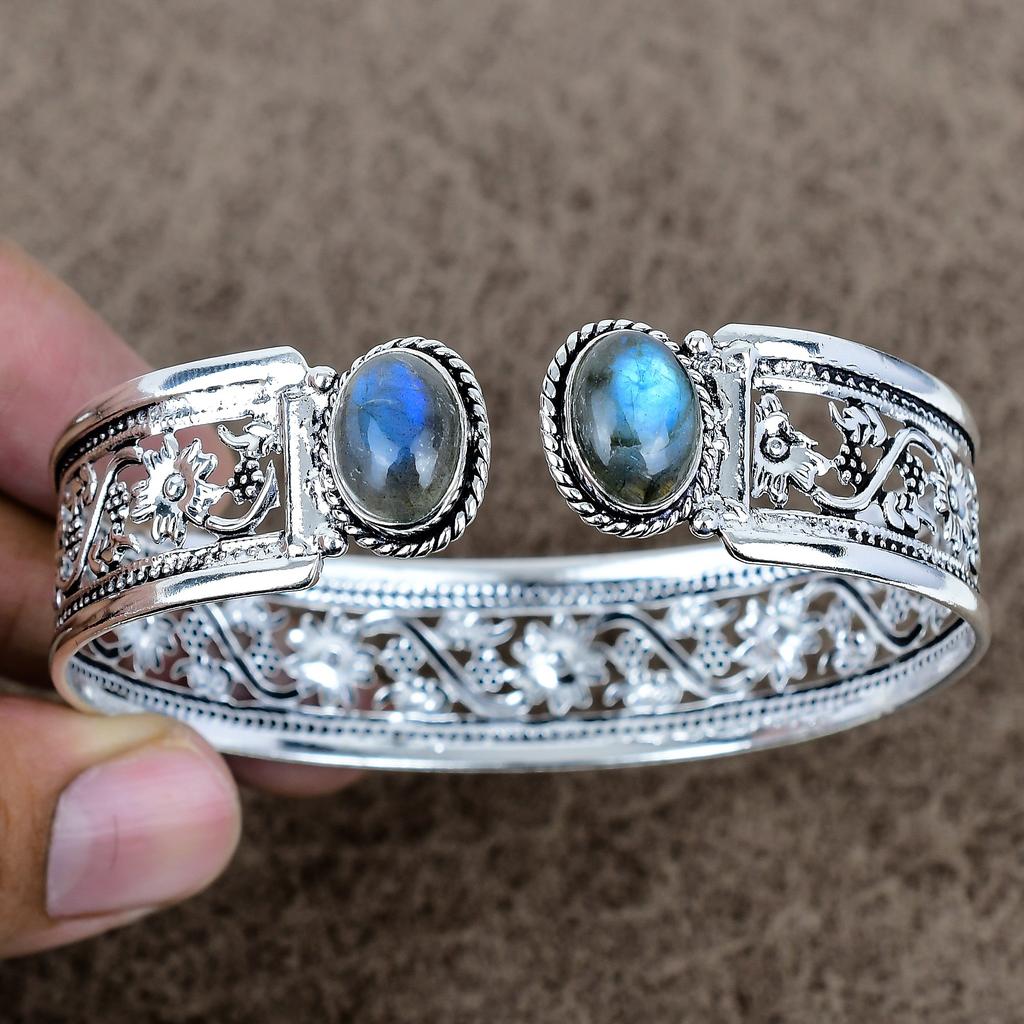 Labradorite Gemstone Handmade 925 Sterling Silver Cuff Bangle Adjustable KKG-769