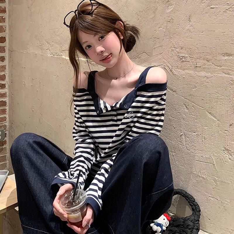 Korean Sweet & Spicy Striped Off-Shoulder Long Sleeve Top - Women's Autumn Design