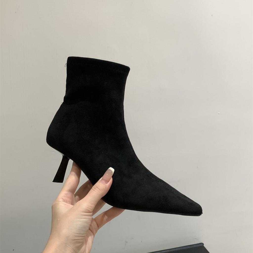 Khaki Suede High-heeled Thin Boots Women's Shoes 2025 Spring and Autumn Single Boots with Skirt Pointed French Short Boots