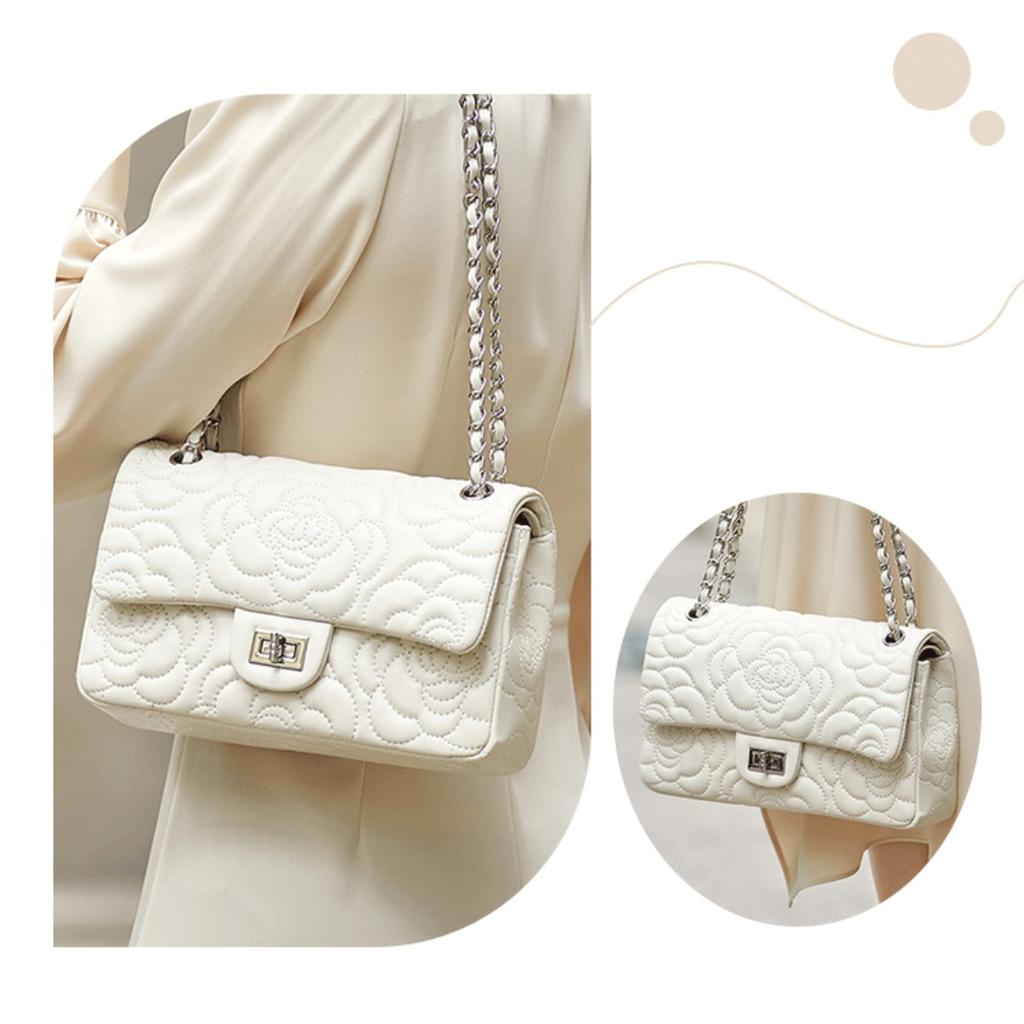 Xiaoxiangfeng Camellia Head Layer High Goatskin Leather Rhombus Women's Bag Premium Texture Chain Bag Shoulder Messenger Bag