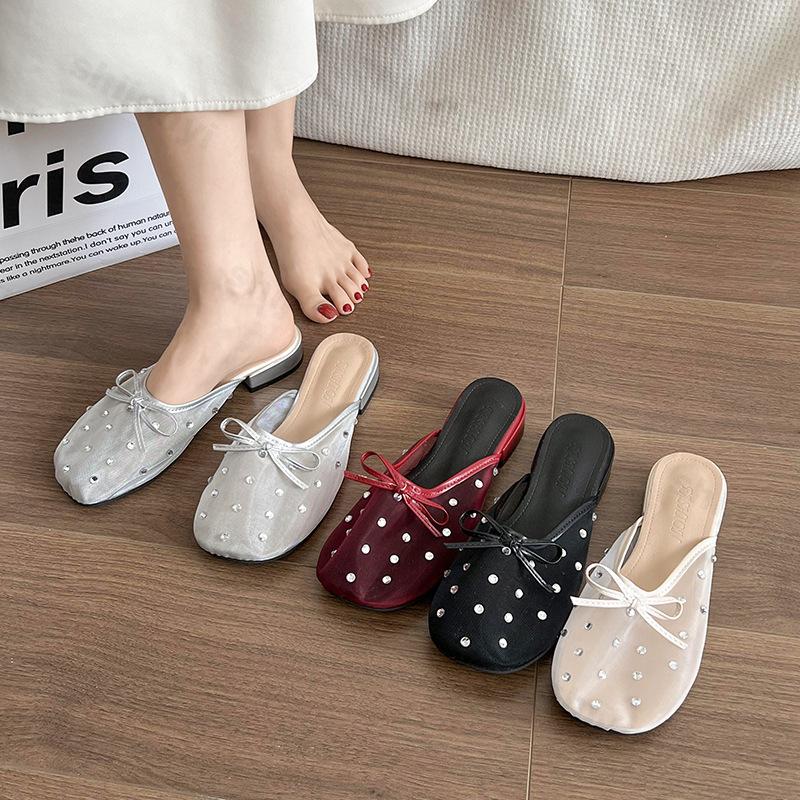 Fashion Thick Heeled Bow Rhinestone Design Mesh Breathable Half Slippers Women's Outdoor 2025 Summer Korean Version Lightweight Sandals