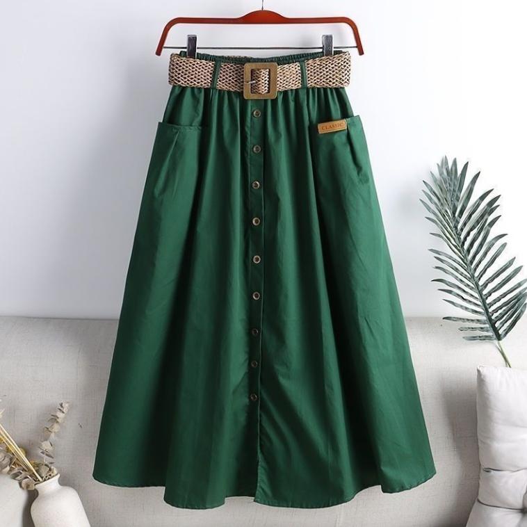 Baumwolle Midi Rock mit Gürtel Frauen Einreiher große Taschen hohe Taille A-Linie Rock Herbst Sommer koreanische Mode langen Rock