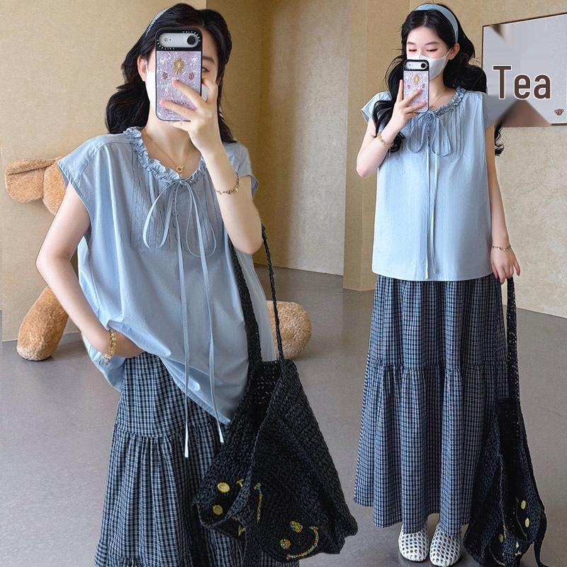 2026 Summer Maternity Set: Sleeveless Top + Plaid Skirt 2XL
