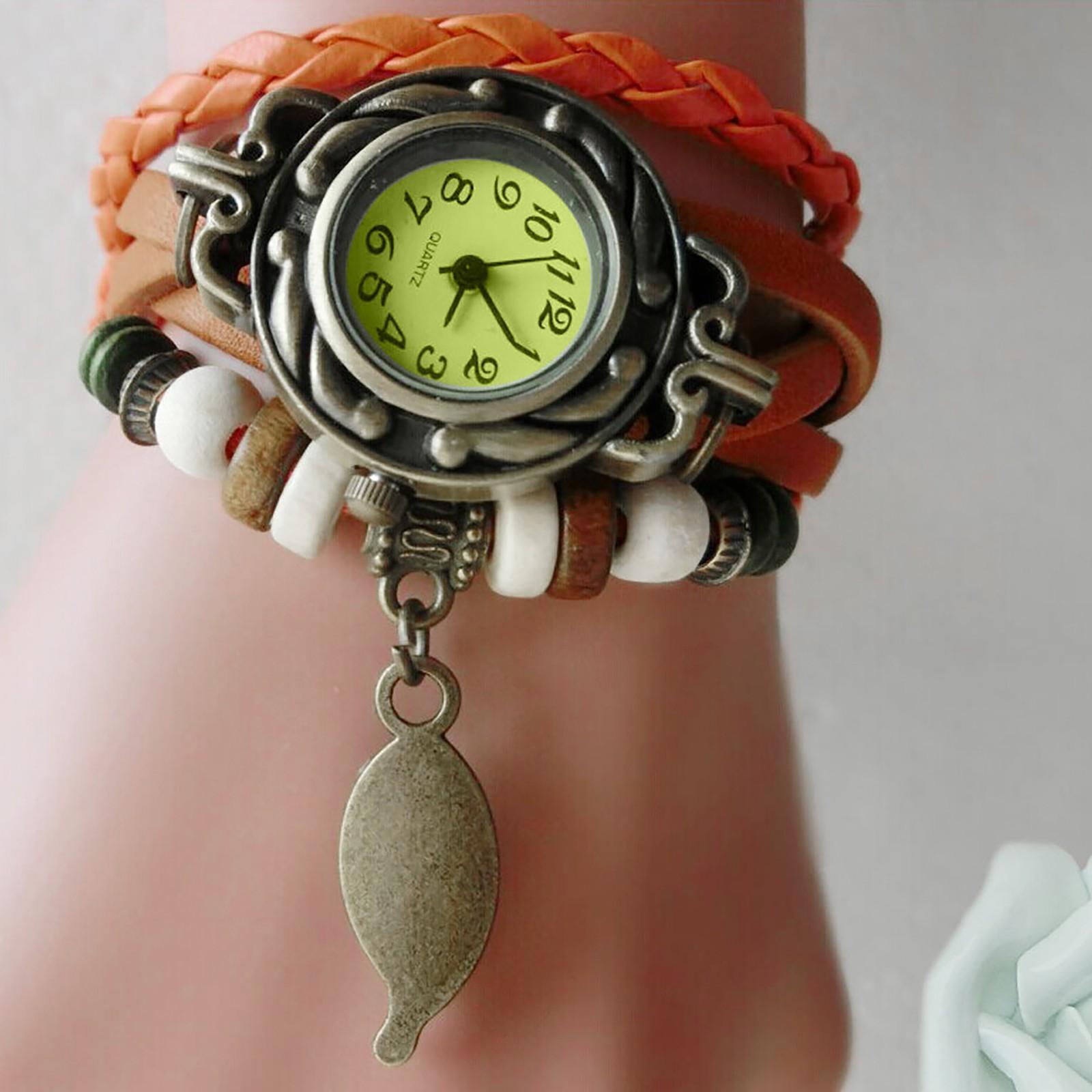 

(Курица Кунг Пао)Женские и детские часы в стиле ретро с кожаным заводным браслетом и подвеской в ​​виде листа 1*1*1 оранжевый