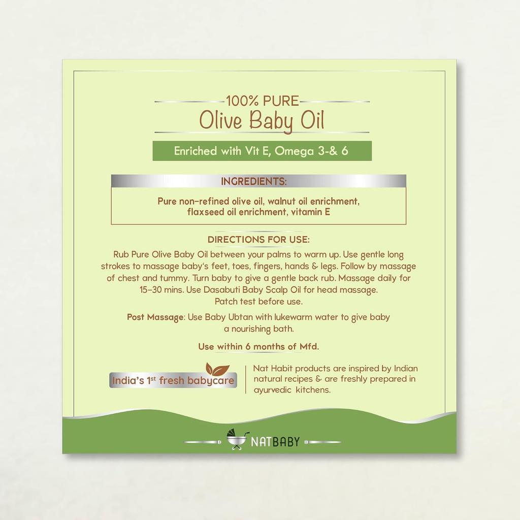 Nat Habit Pure Olive Baby Oil, Non-Refined Natural Moisturizer For Sensitive Skin & Hair Care, Vitamin E Enriched, 100ml