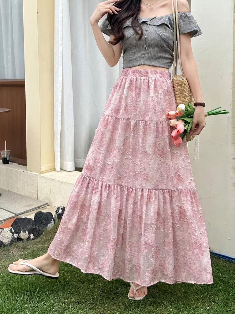 Women's Spring Floral Print Midi Skirt, A-line, Elastic Waist, Versatile, Slimming Design