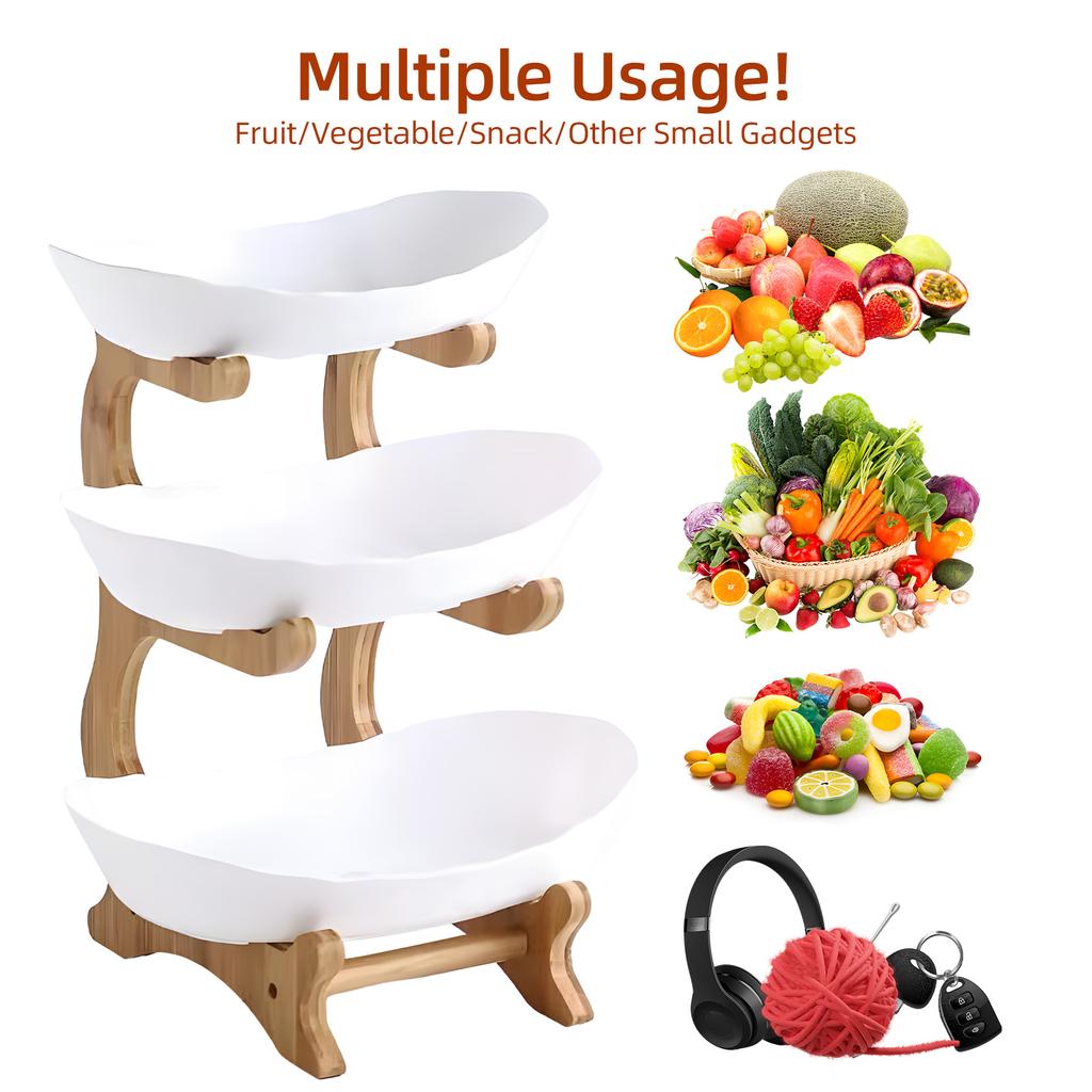 Třípatrový košík na ovoce do kuchyně Plastová mísa na ovoce se stojanem z bambusového dřeva Snadná instalace Třípatrový servírovací stojan Snack Dezert Dort