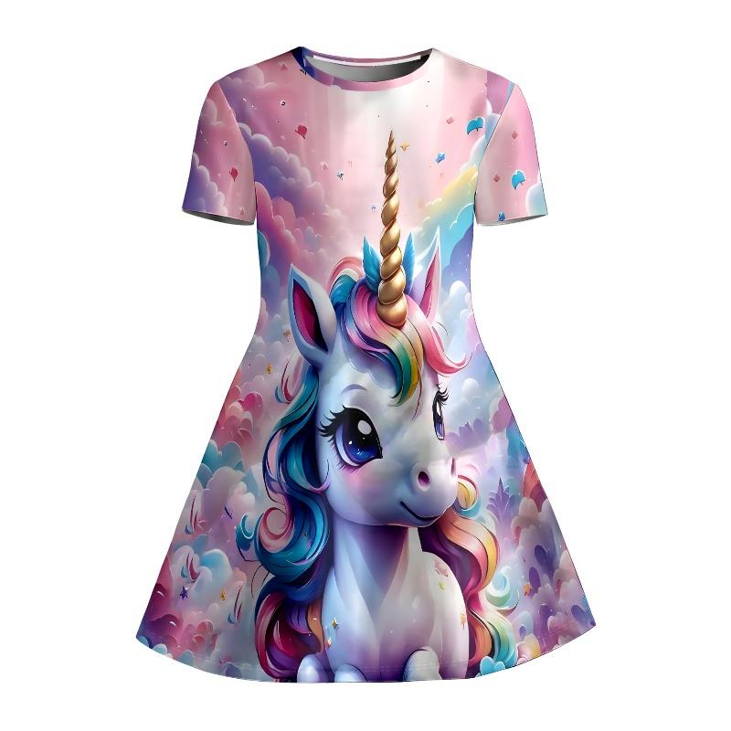 Women's Unicorn Printed T-shirt Dress, Rainbow Cloud Casual Dress, Suitable for Children's Parties, Birthdays and Gifts