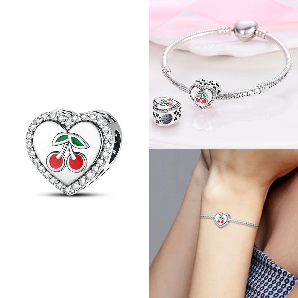 925 Silver Pink Love Heart Zircon Cherry Rose Flower Beads Charm Bracelet Women Jewelry Diy Gift