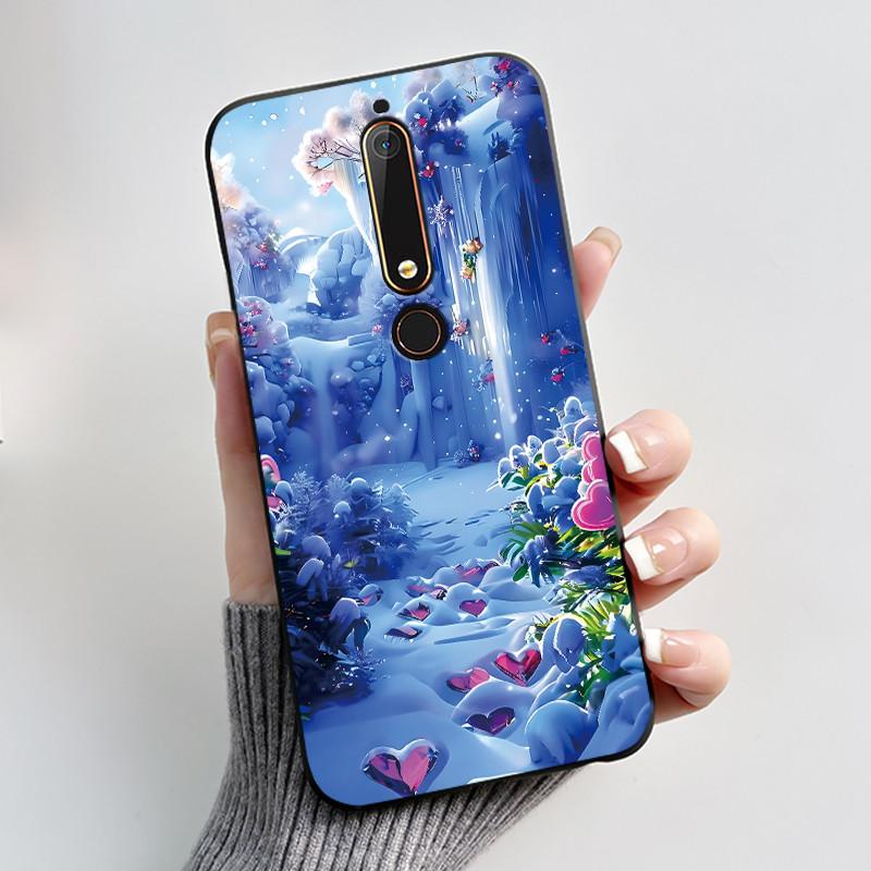 Custodia Per Nokia 6.1 6.1 Plus Custodia Antiurto Estetica Moda Cartone Animato Gatto Carino Nera Gomma Silicone Morbida Cover Bumper Alloggiamento