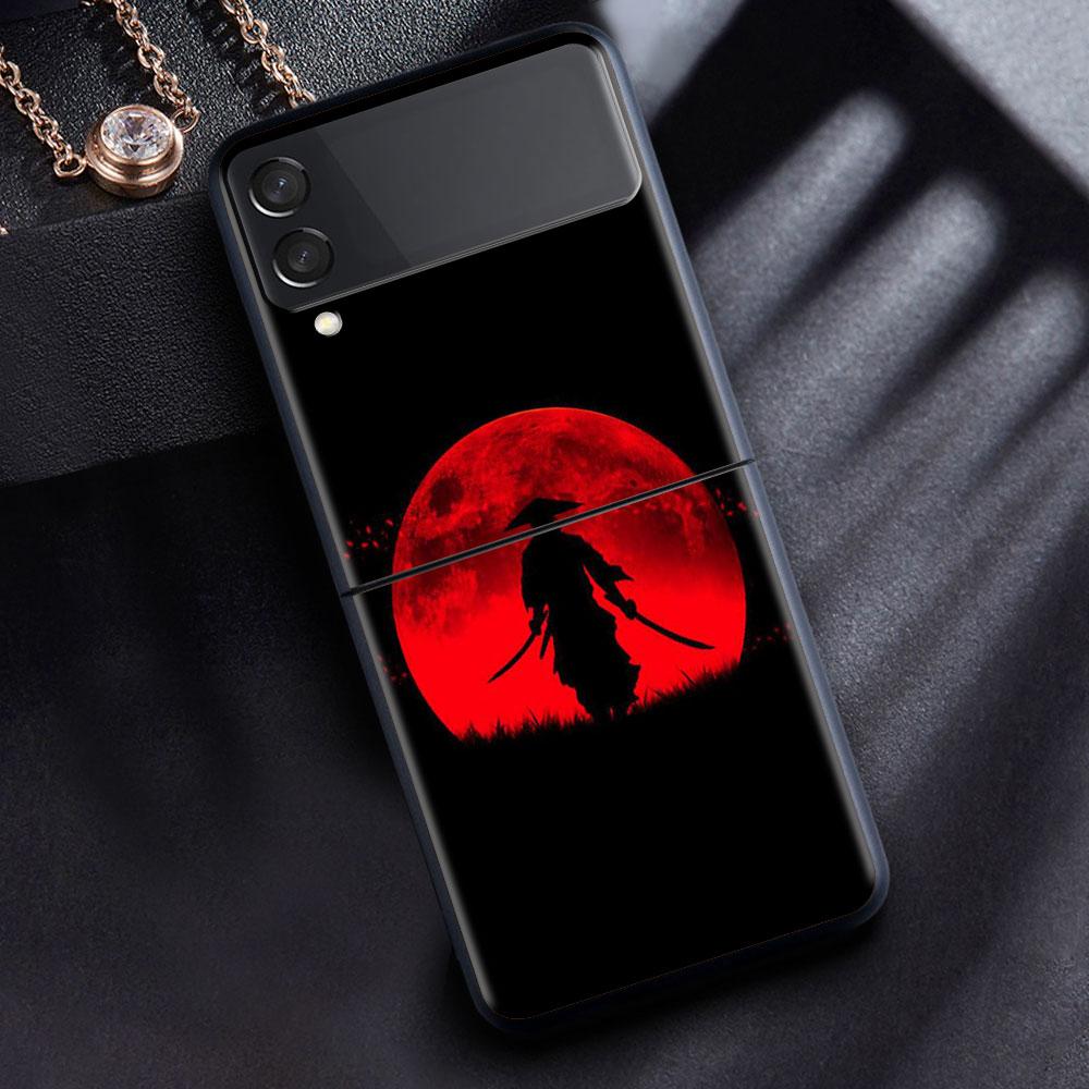 Case For Samsung Galaxy Z Flip 3 4 5G Black Hard PC Phone Housing Z Flip4 Segmented Cover Landscape Ink Painting Japan Samurai