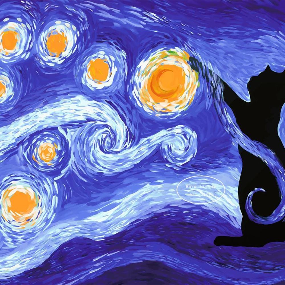 5D Diy Diamond Painting Cross Stitch Embroidery Mosaic Funny Black Cat Flower Van Gogh The Starry Night Full Round Drill Home Decor Wall Art Gift