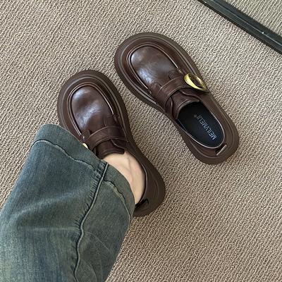 2025 Spring and Autumn New Loafers Women's Thick Heel Platform Single Shoes Retro Belt Buckle British Style Heightening Small Leather Shoes