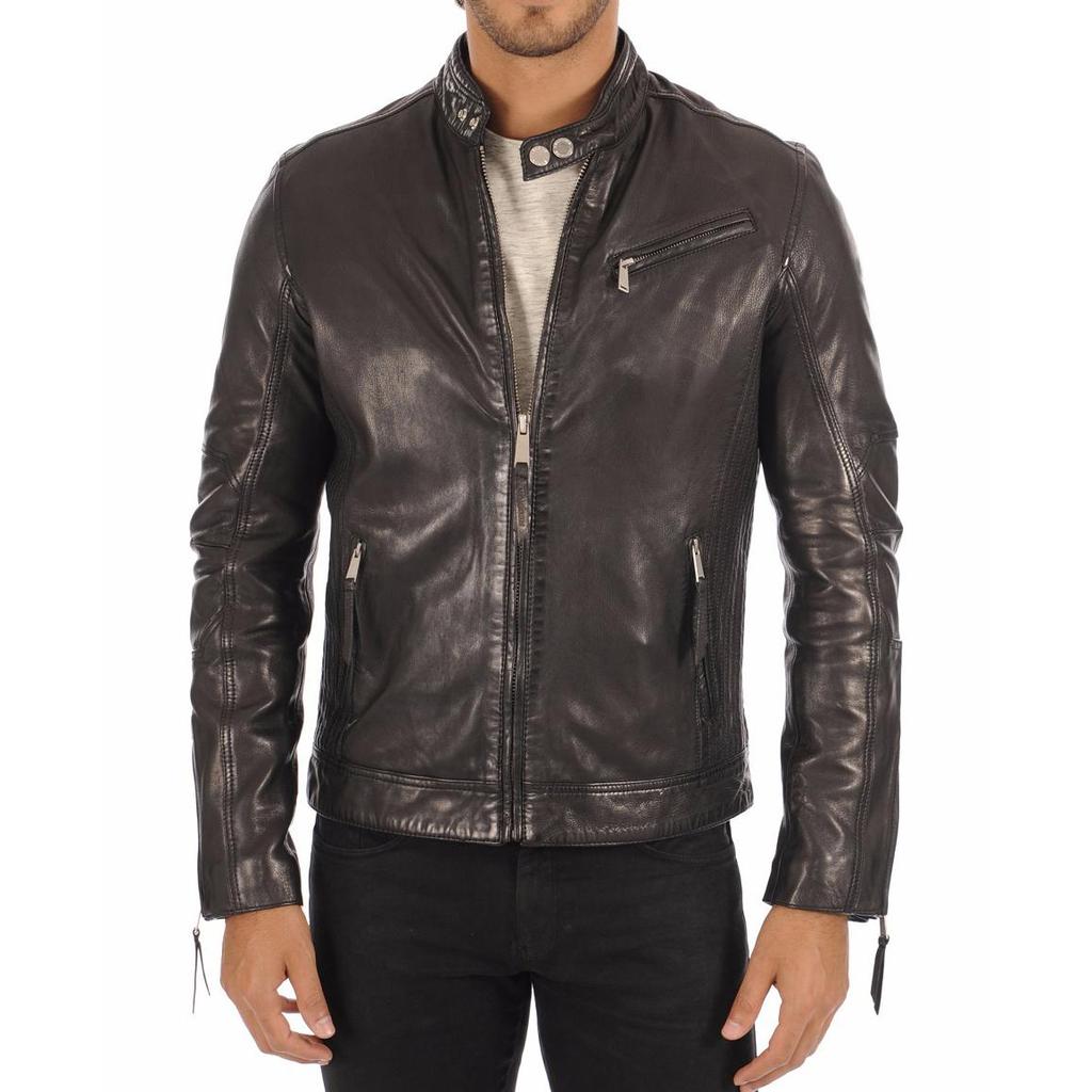SKINOUTFIT Men's Genuine Lambskin Black Leather Jacket Stylish Motorcycle Bomber Biker Outerwear MJ 44