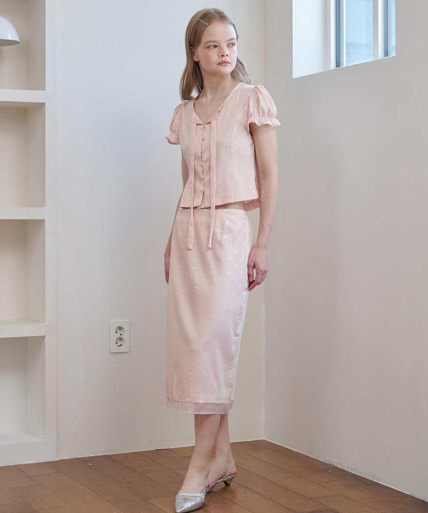 OPENING SUNSHINE Set - Satin Jacquard Tie Blouse + H Midi Skirt Pink