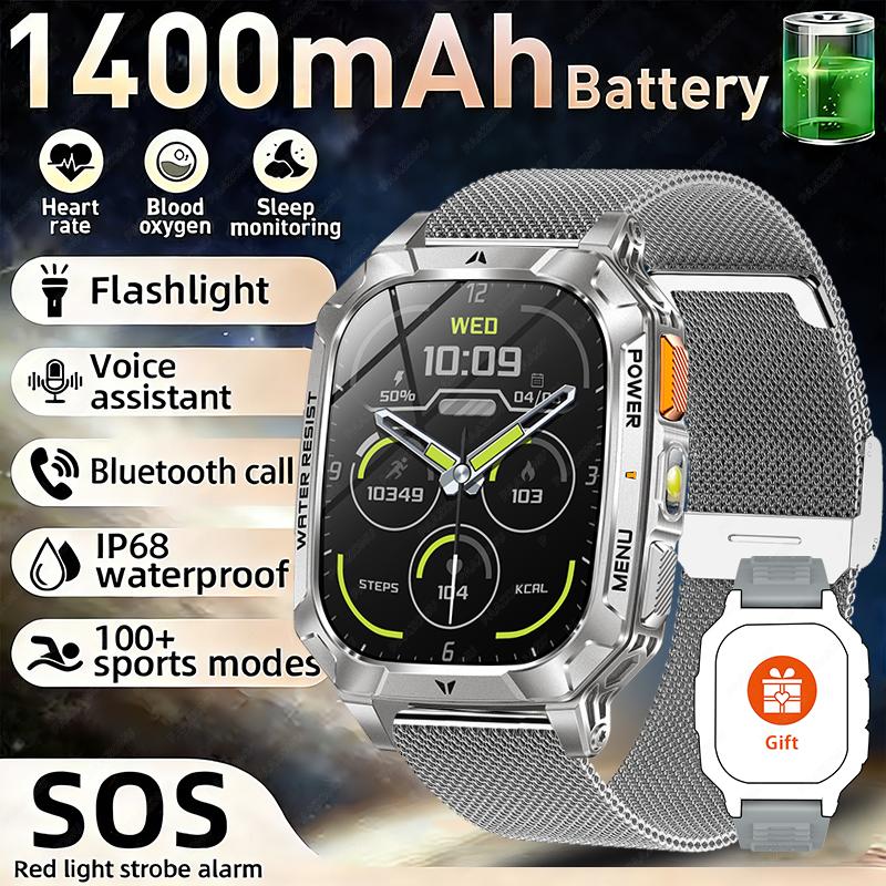 New Rugged Military Smart Watch Men 1400 mAh battery 2.01inch Bluetooth Call Health monitoring device LED flashlight Smart watch