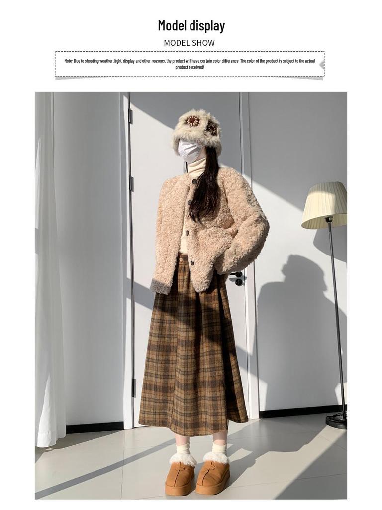 Korean Retro Plaid Woolen A-line Skirt for Women - High Waist Winter Long Skirt
