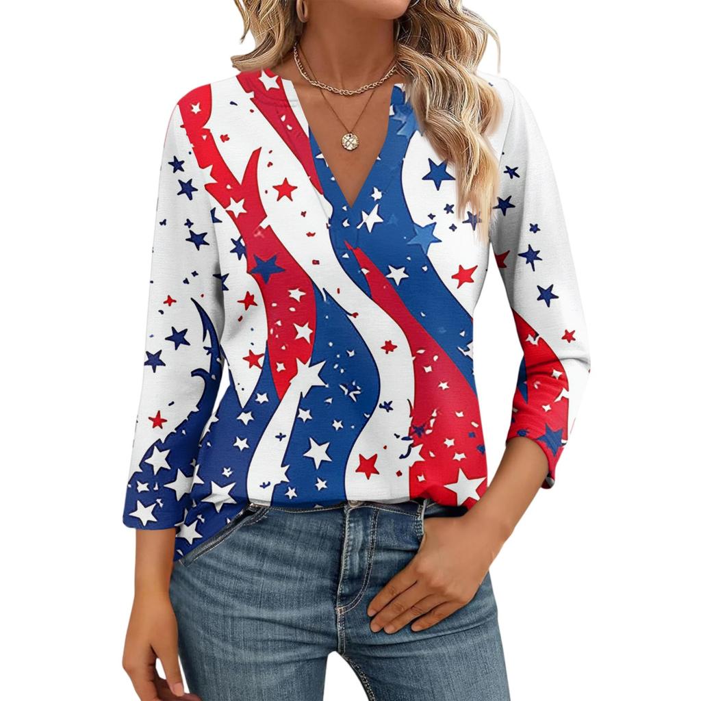 Women's Casual Fashion Sexy Comfortable V-Neck Independence Day Seven Sleeve Top