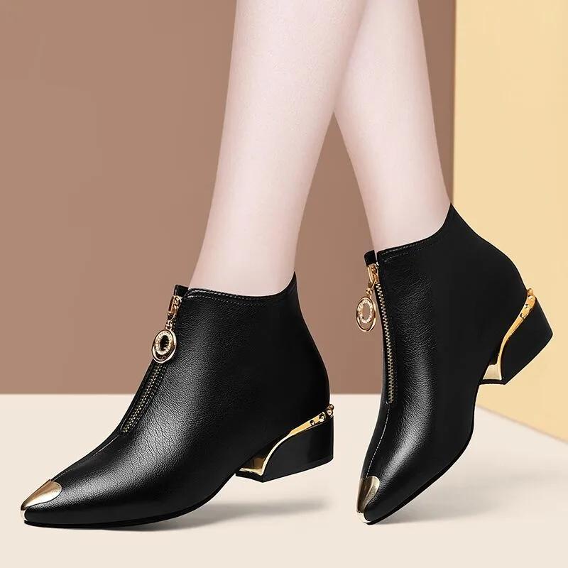 2024 Women's Boots Fashion Metal Pointed Short Boots Autumn and Winter Women Leather Boots Elegant Thick Heel Women Ankle Boots