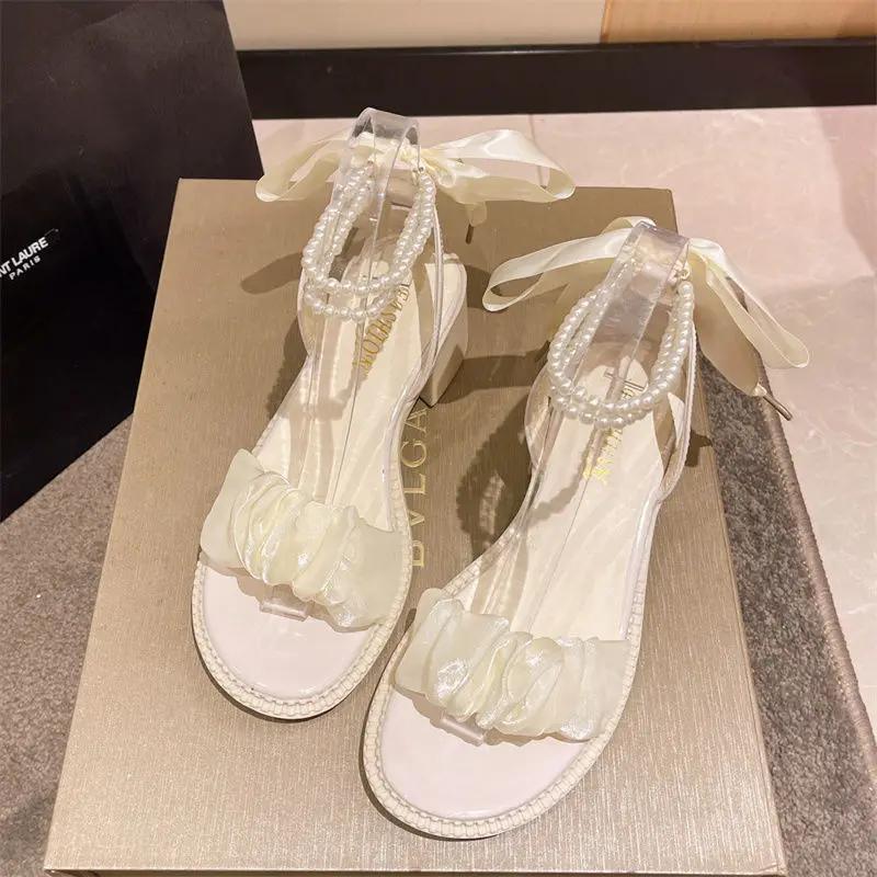 Fashion White Summer 2024 High Heels Thick Heel One Word Women's Shoes Sandals For Woman Pearl Bow Footwear With Youthful Emo Offer F H