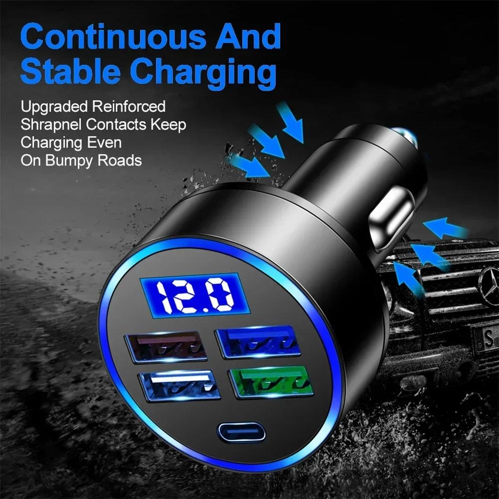 250W Car Charger 4USB QC3.0 PD Type-C Digital Display Car Power Charger 3.1A With Voltage Detection Multi-port Car Power Adapter