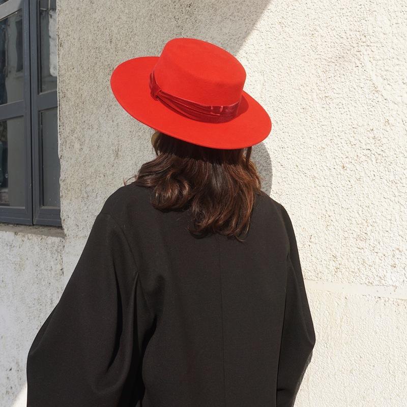 Big Red Green Flat Top Top Hat Female Autumn And Winter Foreign Trade Trend British Retro Street Panama Woolen Felt