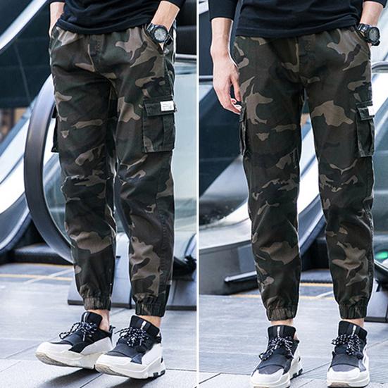 Camo Men Thin Multi-Pocket Ankle Tie Elastic Waist Straight Cargo Pants Trousers