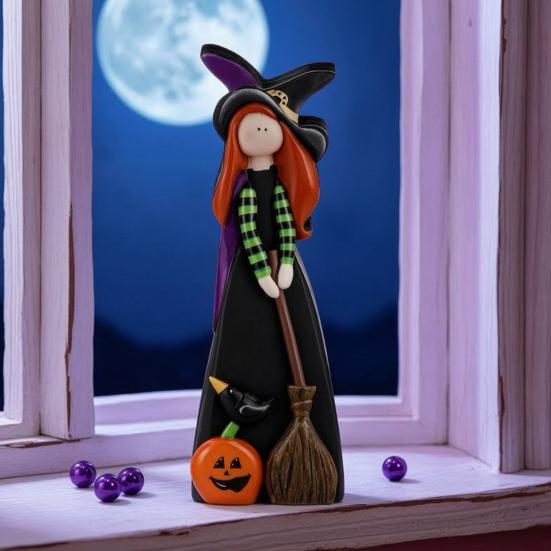 Unique Witch Collectible Figures Halloween Table Decoration, Cute Wooden Centerpiece, Farmhouse Autumn Ghost Pumpkin Black Cat Statues Ornament
