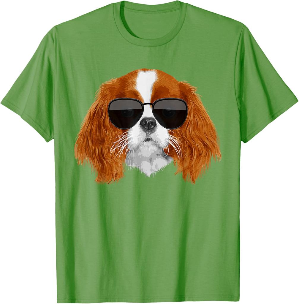 Cool Cavalier King Charles Sunglasses Dog Lover Graphic T-Shirt Soft Cotton Round Neck Tee