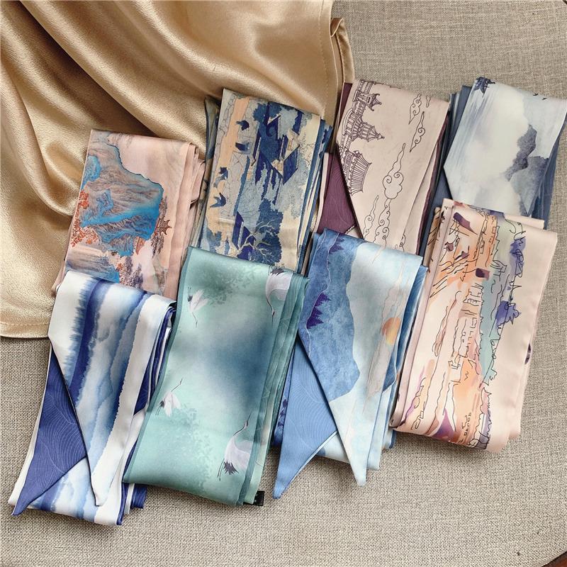 Luxary Brand Design Flower Print Silk Scarf for Women Fashion Hair Headband Foulard Lady Skinny Bag Scarves Neckerchief Tie