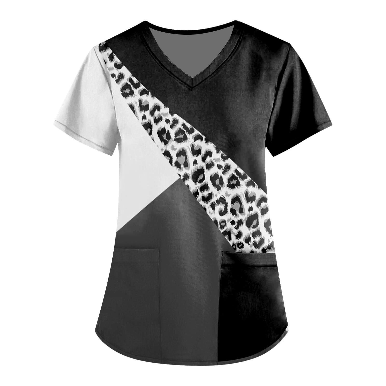 

Women s Fashion V-neck Short Sleeve Workwear With Pockets Printed Tops L чёрный