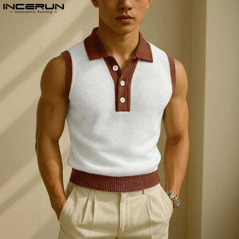INCERUN Summer Men Lapel Sleeveless Stitching Casual Thin Fitted Tank Tops