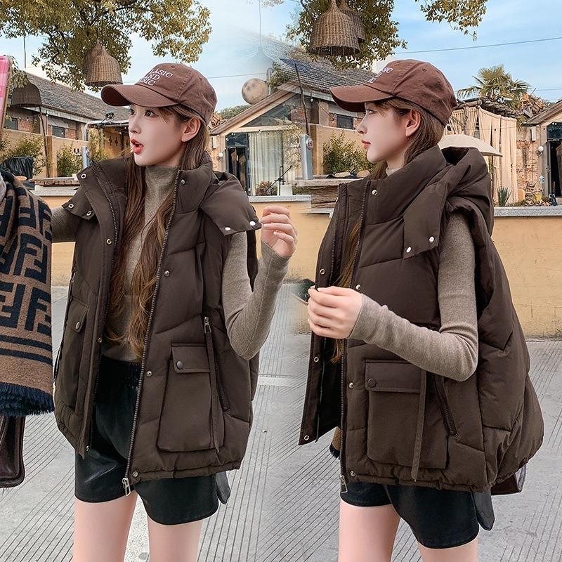 Single cotton vest, large size hooded down cotton vest women's autumn and winter loose cotton vest short cotton vest