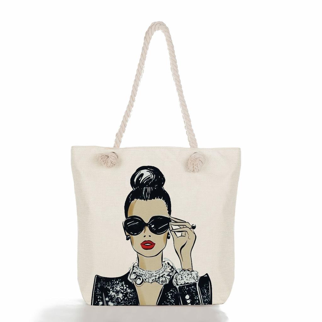 Multifunctional Coffee-colored Girl Printed Thick Rope Shoulder Beach Bag Casual Large Capacity Handbag 0107