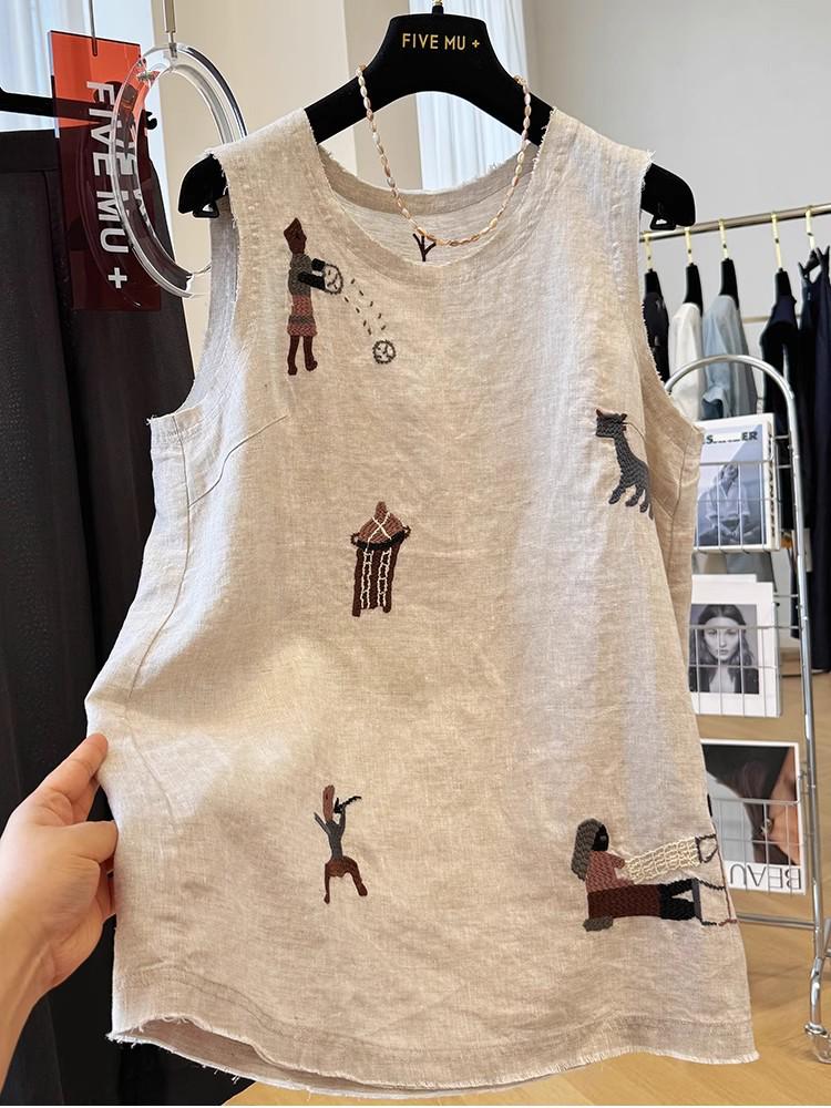 Women's Sleeveless Embroidered Cotton Linen Vest