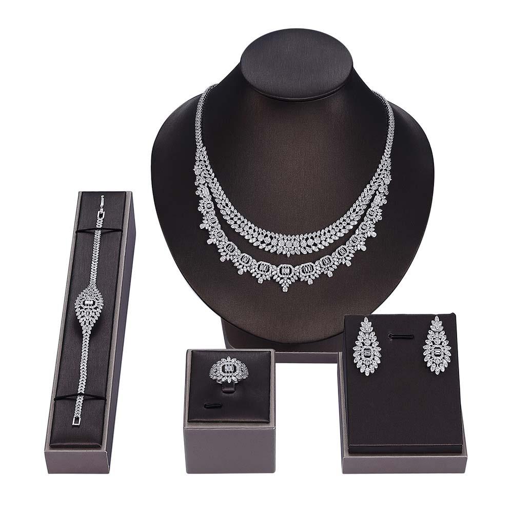 

Свадебный цирконовый набор из 4 предметов: колье, серьги, медная микро-пайка, ювелирные изделия двойного дизайна, свадебные аксессуары