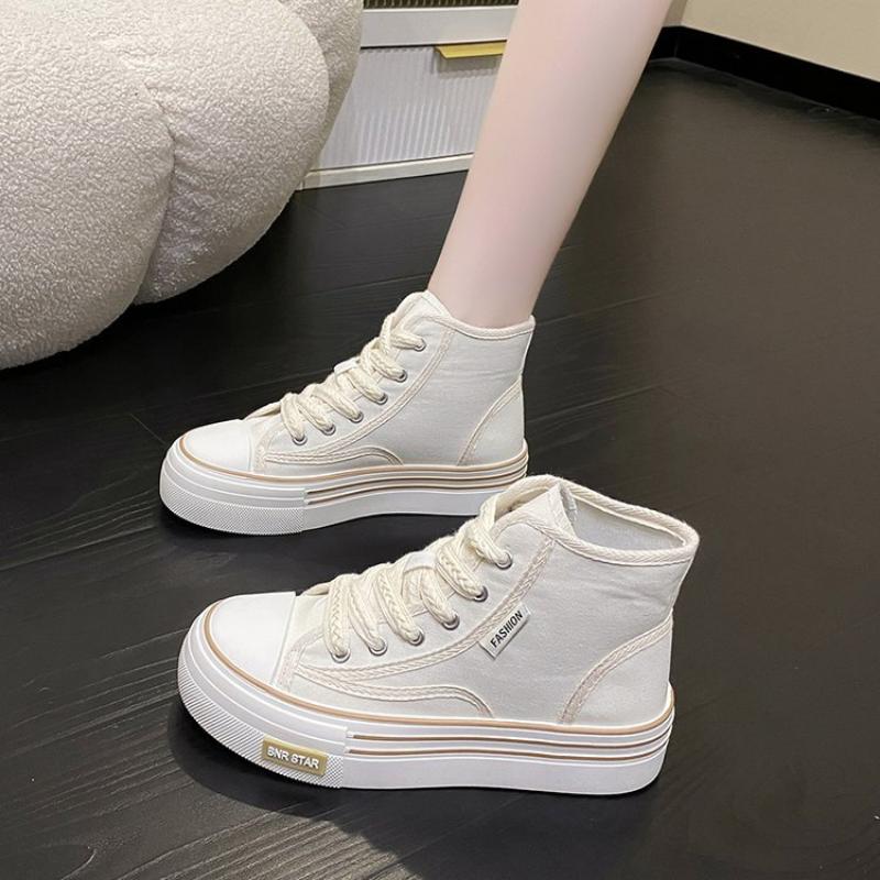 Spring, Summer, Autumn and Winter Women's Shoes Women's Sneakers Canvas Shoes Mid-cut Round Toe Lace-up Casual All-match Shoes