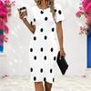 Women Plus Size Round Neck Short Sleeve Polka Dot Printed White Fitted Midi Dress