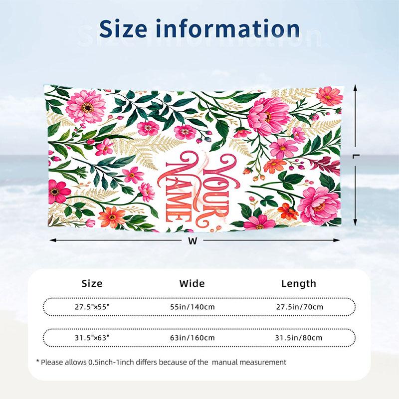 Floral Artwork 12 Theme Quick Dry Beach Towel Custom Name Text Print Large Sand Resistant Towel Beach Vacation