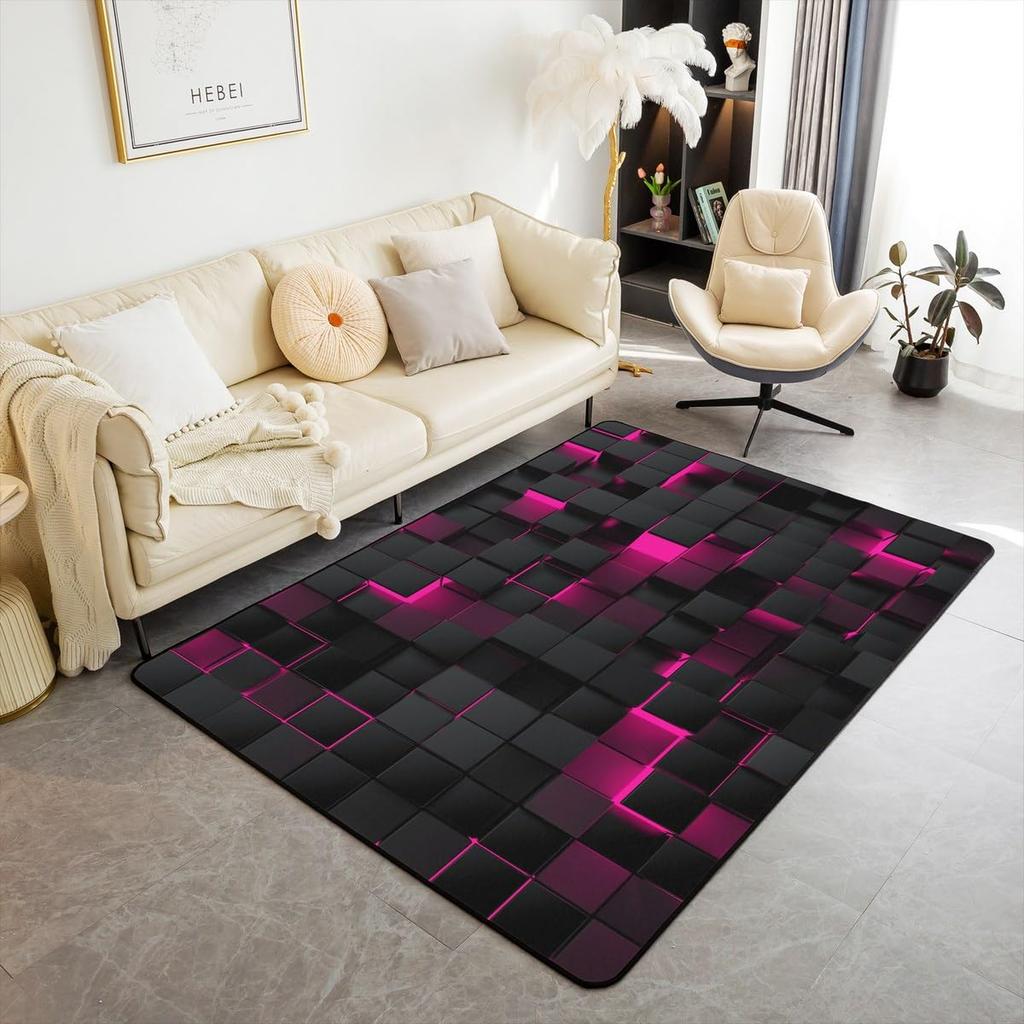 Erosebridal Teen Boy Geometric Rug 3x5 Black Navy Royal Blue Kids Area Rug,Neon Abstract Stereoscopic Check Grid Carpet Square Plaid Decorat