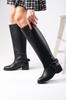 Women Modern Stylish Fashion Boots Boots Faux Leather Brielle Black Color Zipperless Thin Faux Fur Lined Biker Boots