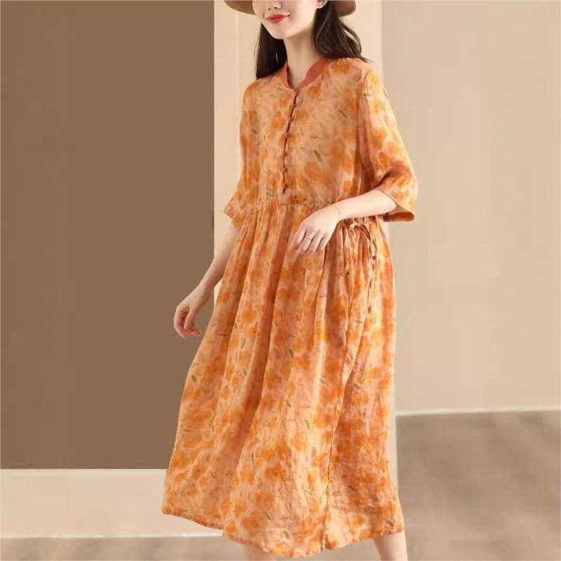 Johnature Women Vintage Dress Print Floral High Quality Stand Half Sleeve Chinese Style Cloths Summer Dress