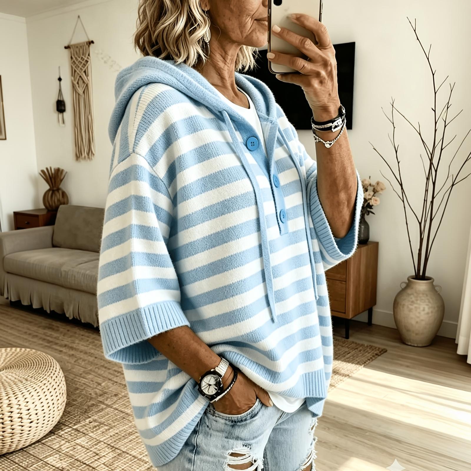 Women s Striped Button Front Hooded Sweater with Drawstring Casual Knit Pullover L синий