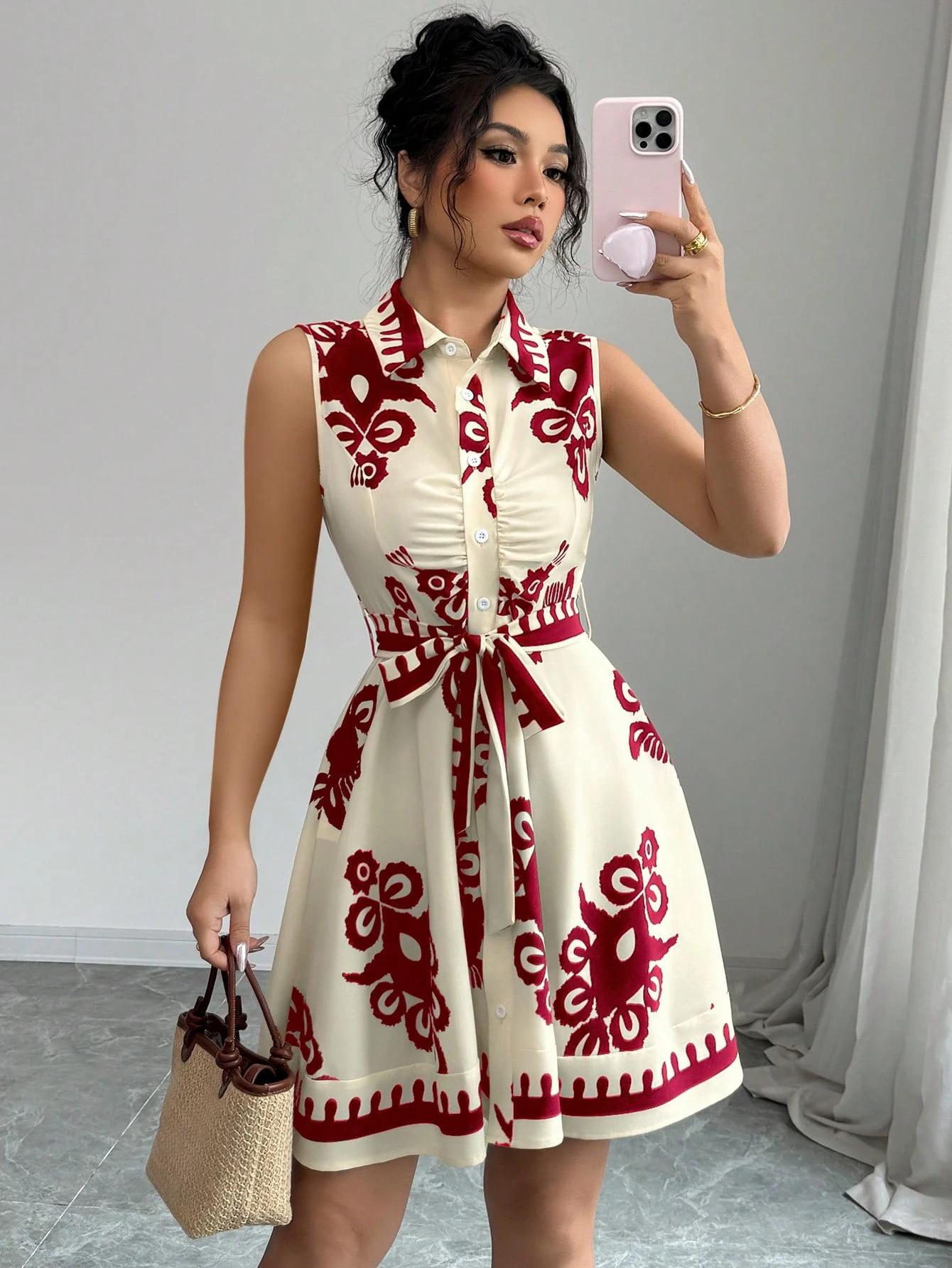 women s Ethnic Geometric Print Collared Sleeveless Tie Waist Single Breasted A Line Mini Dress Summer Casual Dress S красный