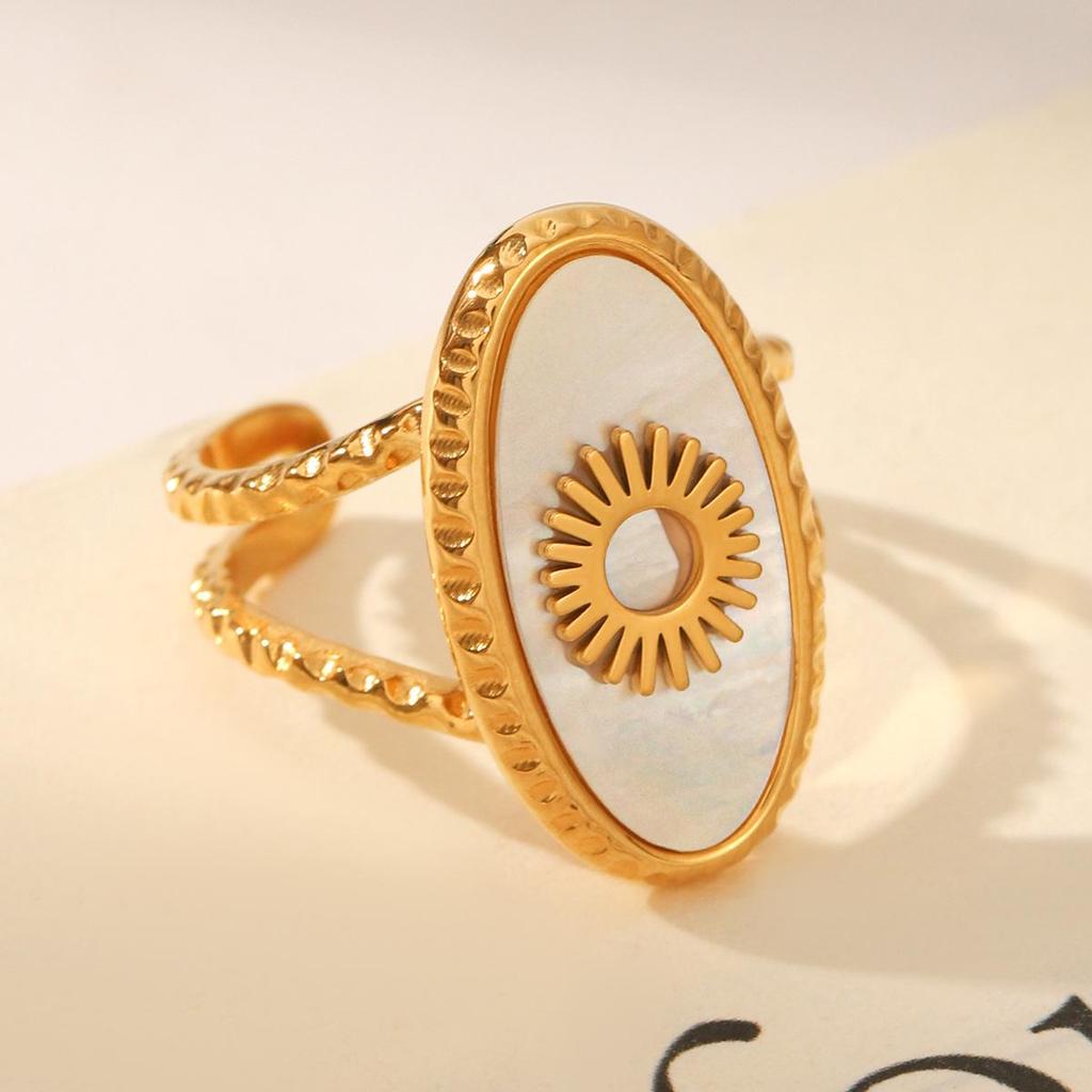 Geometric Open Stainless Steel Ring with White Mother-of-Pearl Oval for Women