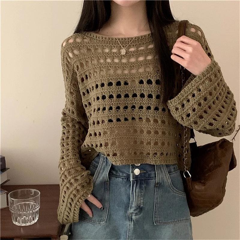 Summer loose lazy horn sleeve air-conditioning shirt hollow thin breathable blouse grid short knitted top women